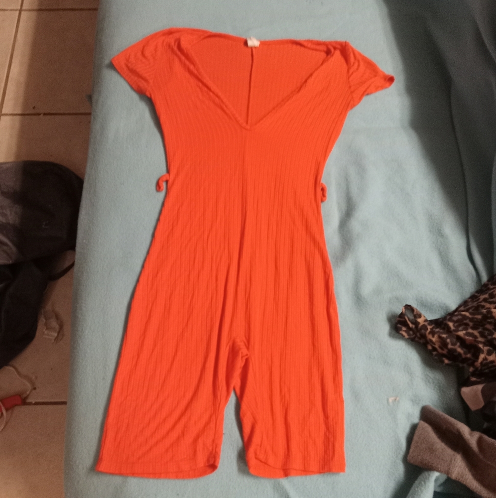 Bright orange M&M romper playsuit bodysuit bodycon Size small V-neck